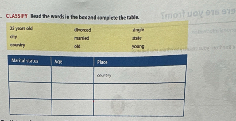 CLASSIFY Read the words in the box and complete the table.
916 919
on and a