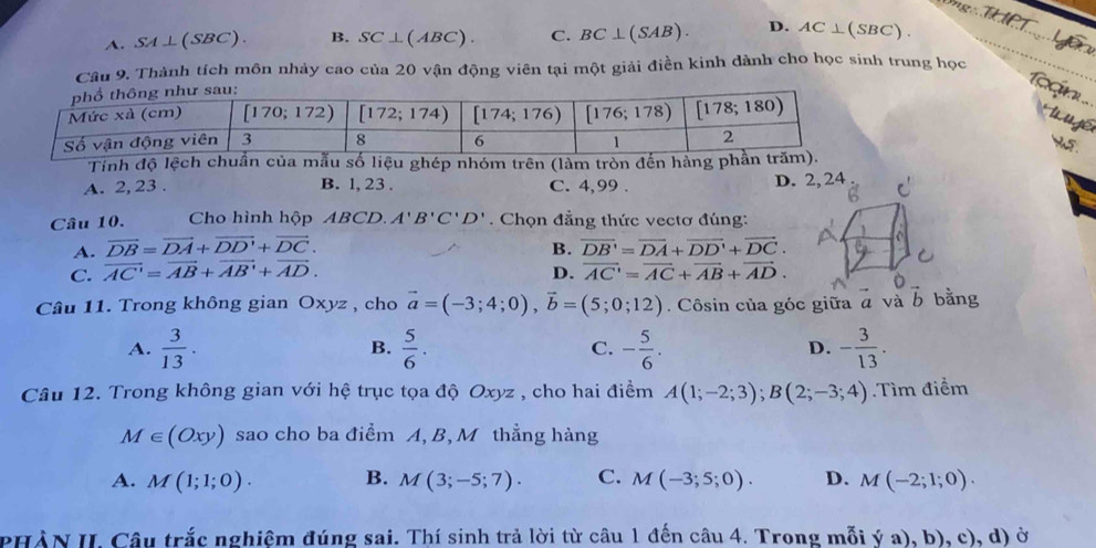 A. SA⊥(SBC). B. SC⊥ (ABC). C. BC⊥ (SAB). D. AC⊥ (SBC).
Câu 9. Thành tích môn nhảy cao của 20 vận động viên tại một giải điền kinh dành cho học sinh trung học
Tạn
t ugé
w .
Tinh độ lệch chu số liệu ghép nhóm trên (làm tròn đến hằng
A. 2, 23 . B. l, 23 . C. 4,99 . D. 
Câu 10. Cho hình hộp ABCD. A'B'C'D'. Chọn đẳng thức vectơ đúng:
A. vector DB=vector DA+vector DD'+vector DC. B. overline DB'=overline DA+overline DD'+overline DC.
C. overline AC'=overline AB+overline AB'+overline AD. D. vector AC'=vector AC+vector AB+vector AD.
Câu 11. Trong không gian Oxyz , cho vector a=(-3;4;0),vector b=(5;0;12).  Côsin của góc giữa a và vector b bằng
A.  3/13 .  5/6 . C. - 5/6 . D. - 3/13 .
B.
Câu 12. Trong không gian với hệ trục tọa độ Oxyz , cho hai điểm A(1;-2;3);B(2;-3;4) Tìm điểm
M∈ (Oxy) sao cho ba điểm A, B, M thẳng hàng
A. M(1;1;0). B. M(3;-5;7). C. M(-3;5;0). D. M(-2;1;0).
PHÀN II. Câu trắc nghiệm đúng sai. Thí sinh trả lời từ câu 1 đến câu 4. Trong mỗi ý a), b), c), d) ở