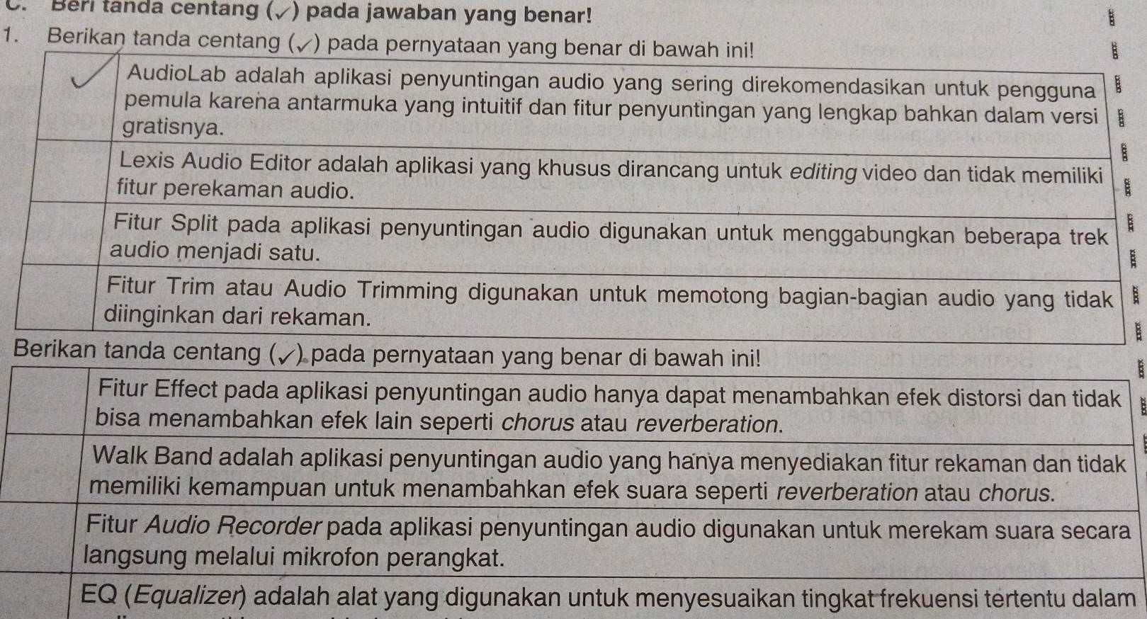 Beri tanda centang (√) pada jawaban yang benar! 
1.
B
B
B
:
B
:
k
k
a
EQ (Equalizer) adalah alat yang digunakan untuk menyesuaikan tingkat frekuensi tertentu dalam