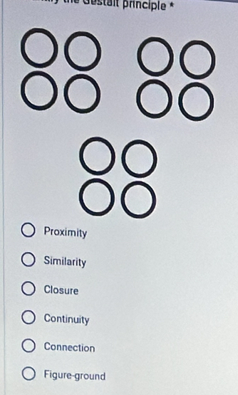 stait principle *
Proximity
Similarity
Closure
Continuity
Connection
Figure-ground