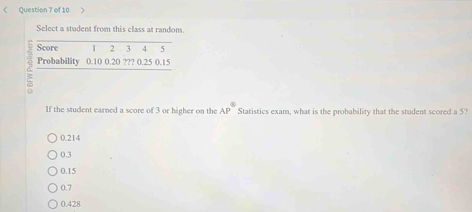 Select a student from this class at random.
If the student earned a score of 3 or higher on the AP Statistics exam, what is the probability that the student scored a 5?
0.214
0.3
0.15
0.7
0.428