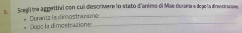 Scegli tre aggettivi con cui descrivere lo stato d’animo di Mae durante e dopo la dimostrazione. 
_ 
Durante la dimostrazione:_ 
Dopo la dimostrazione: