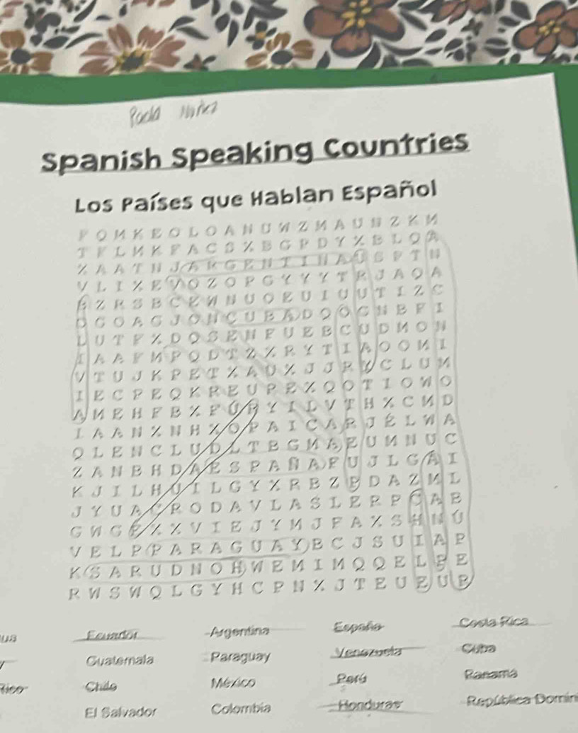 Spanish Speaking Countries 
Los Países que Hablan Español 
Ρ Ο M K Ε O L O A N U W Z M AU S Z K И 
T F L M K F A C S X B G P D Y X B L Q A 
½ Α AT Ν J AR G E N T IN a u S P T Ν 
V L I½ Ε VοZ O ΡG Y Y Y τ R J a O A 
É Z R S в C Ł W N U O z υ i u u t i z C 
D CO A C J O N Ç U B A D ○ Ô C N B F 1 
L U T ド % D ◎ SΕ Ν F U E B C U D Mо N 
IΑ A F MP Ο D T Z Z R YTIA Ο Ο M 1 
VT U J K P Ε ½ A U X J J R Y C L U 14 
Ι Ε C Ρ Ε Q Κ R Ε U Ρ Ε % Q ΟΤ Ι ΟW 
A m ẹ н f в ½ f ú R y i l V t h % с и D 
L A A N ½ N H X O P A I CA R J é L W A 
O L E N C LU D L T B G M A E UM N U C 
ZAN BH DA É S PA Ñ AF U J L GA I 
K J I L H U I L G Y X R B Z D A Z ML 
jy u a çro d a v l a s l e r p óa b 
GWG Ê X X V I E J Y M J F A X S HN Ú 
V Ε L ΡP A R A G U A Y B C J S U I A P 
K S AR U D N O H W E MI M Q Q E L E 
R W S W Q L G Y H C Ρ N X J T E U Z U B 
us Esuadór -Argentina Españo Cesía Rica 
Guatemala Paraguay Venszuela Capa 
Chio Méxxico _Perú Rasamá 
El Salvador Colombia Honduras República Domín