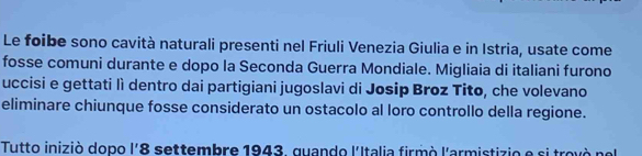 Le foibe sono cavità naturali presenti nel Friuli Venezia Giulia e in Istria, usate come 
fosse comuni durante e dopo la Seconda Guerra Mondiale. Migliaia di italiani furono 
uccisi e gettati lì dentro dai partigiani jugoslavi di Josip Broz Tito, che volevano 
eliminare chiunque fosse considerato un ostacolo al loro controllo della regione. 
Tutto iniziò dopo l' 8 settembre 1943, quando l'Italia firmò l'armistizio e si trovò nel