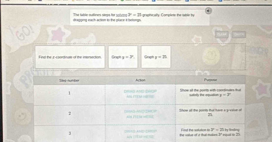The table outlines steps for solving 3^x=25 graphically. Complete the table by
dragging each action to the place it belongs.
o
Find the z-coordinate of the intersection. Graph y=3^x. Graph y=25.