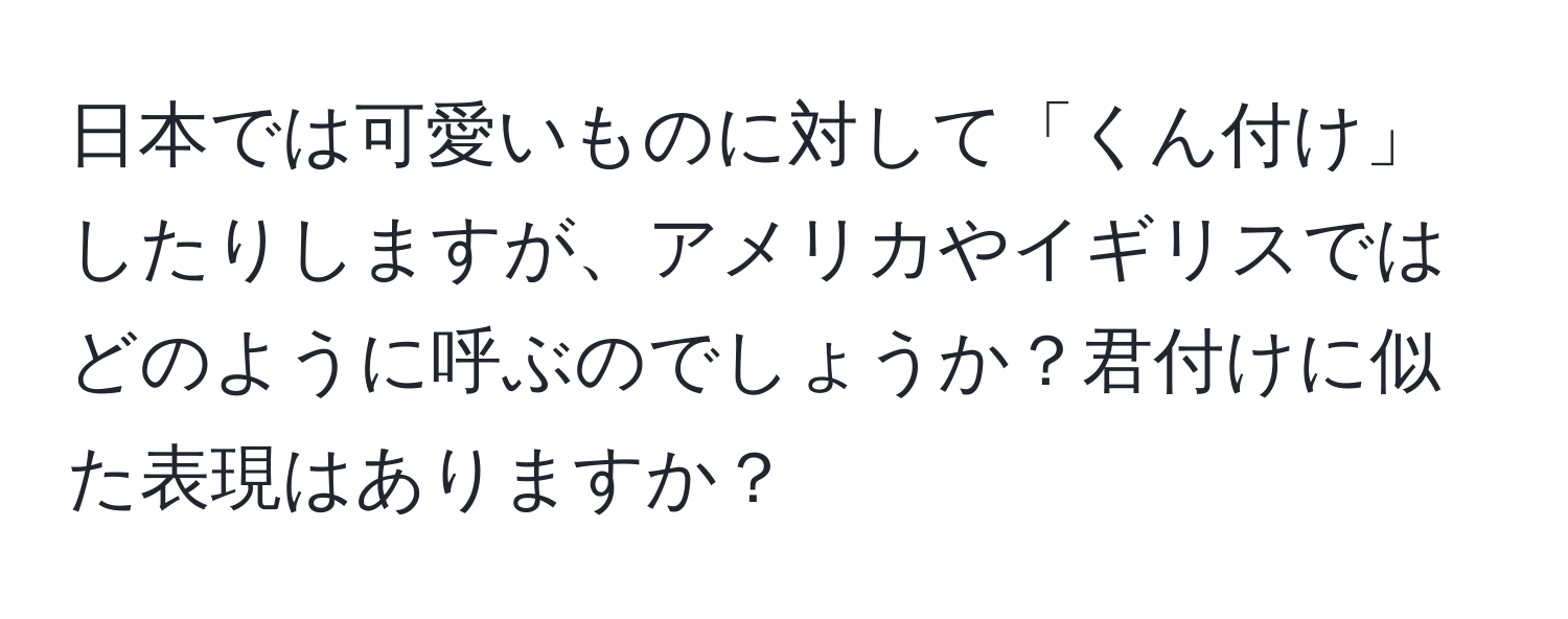 日本では可愛いものに対して「くん付け」したりしますが、アメリカやイギリスではどのように呼ぶのでしょうか？君付けに似た表現はありますか？