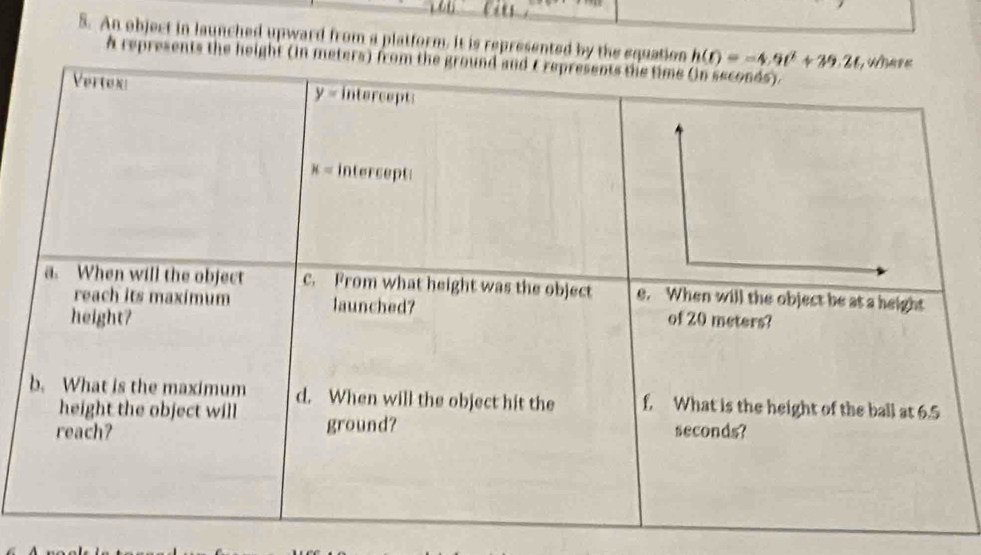 An object in launched upward from a platform. It is represented by the eq
A represents the height (