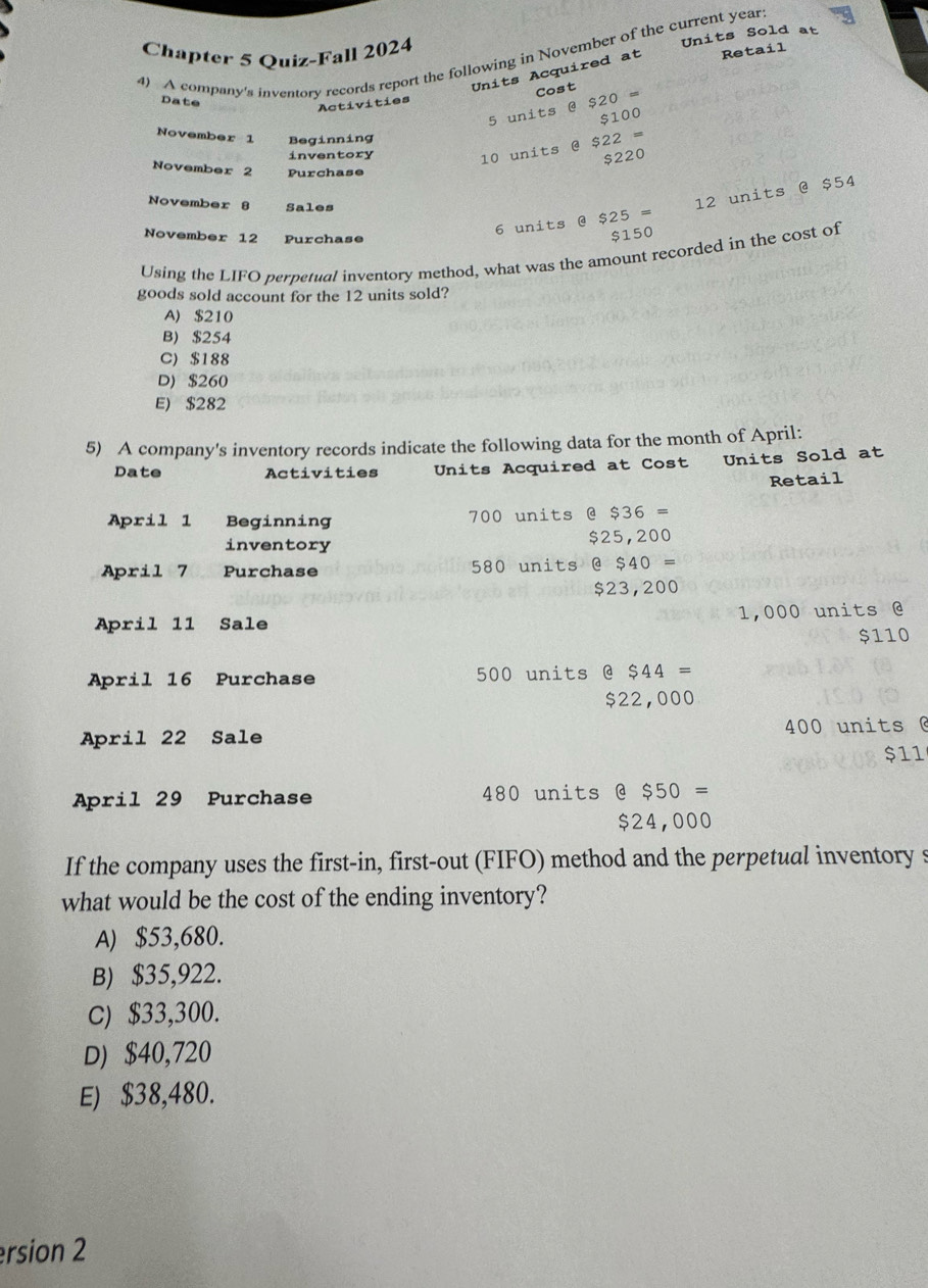 Chapter 5 Quiz-Fall 2024
Units Sold at
4) A company's inventory records report the following in November of the current year
Units Acquired at Retail
Date
Activities
5 units @ $20 = Cost
$100
November 1 Beginning
inventory
10 units @ $22 =
$220
November 2 Purchase
November 8 Sales
6 units @ $25= 12 units @ $54
November 12 Purchase
$150
Using the LIFO perpetual inventory method, what was the amount recorded in the cost of
goods sold account for the 12 units sold?
A) $210
B) $254
C) $188
D) $260
E) $282
5) A company's inventory records indicate the following data for the month of April:
Date Activities Units Acquired at Cost Units Sold at
Retail
April 1 Beginning 700 units @ $36=
inventory $25,200
April 7 Purchase 580 units @ $40=
$23,200
April 11 Sale 1,000 units @
$110
April 16 Purchase 500 units @ $44=
$22,000
April 22 Sale 400 units
$11
April 29 Purchase 480 units @ $50=
$24,000
If the company uses the first-in, first-out (FIFO) method and the perpetual inventory s
what would be the cost of the ending inventory?
A) $53,680.
B) $35,922.
C) $33,300.
D) $40,720
E) $38,480.
ersion 2