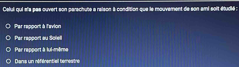 Celui qui n'a pas ouvert son parachute a ralson à condition que le mouvement de son ami soit étudié :
Par rapport à l'avion
Par rapport au Soleil
Par rapport à lui-même
Dans un référentiel terrestre