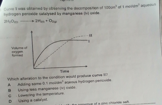 Curve I was obtained by observing the decomposition of 100cm^3 of 1mol/dm^3 aqueous
hydrogen peroxide catalysed by manganese (iv) oxide.
2H_2O_2(l)to 2H_2(l)+O_2(g)
Which alteration to the condition would produce curve II?
A Adding some 0.1mol/dm^3 aqeous hydrogen perioxide
B Using less manganese (iv) oxide.
C Lowering the temperature.
DUsing a catalyst.
presence of a zinc chloride salt.