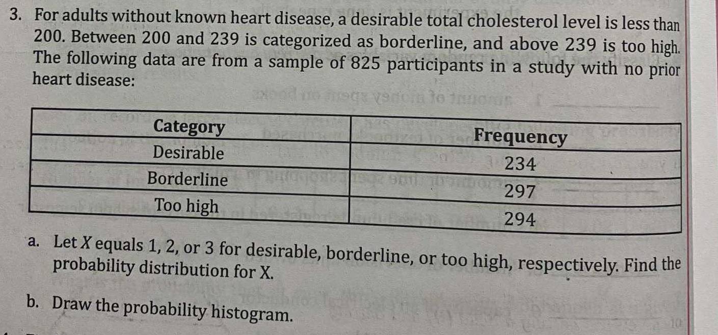 For adults without known heart disease, a desirable total cholesterol level is less than
200. Between 200 and 239 is categorized as borderline, and above 239 is too high. 
The following data are from a sample of 825 participants in a study with no prior 
heart disease: 
equals 1, 2, or 3 for desirable, borderline, or too high, respectively. Find the 
probability distribution for X. 
b. Draw the probability histogram.