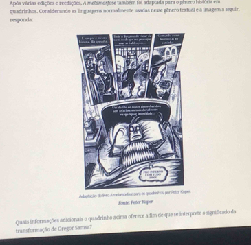 Após várias edições e reedições, A metamorfose também foi adaptada para o gênero hisiória em 
quadrinhos. Considerando as linguagens normalmente usadas nesse gênero textual e a imagem a seguir, 
responda: 
Adaptação do livro A metamodoseer. 
Fonte: Peter Kaper 
Quais informações adicionais o quadrinho acima oferece a fim de que se interprete o significado da 
transformação de Gregor Samsa?