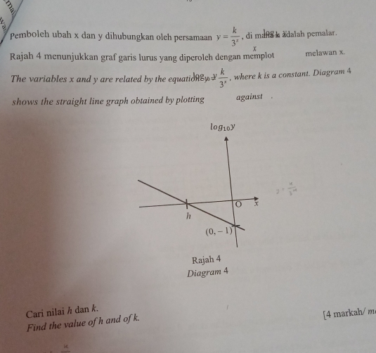 Pemboleh ubah x dan y dihubungkan olch persamaan y= k/3^x  , di mana a adalah pemalar.
x
Rajah 4 menunjukkan graf garis lurus yang diperoleh dengan memplot melawan x.
The variables x and y are related by the equatio log _y_0!=  k/3^x  , where k is a constant. Diagram 4
shows the straight line graph obtained by plotting against
g= u/3^n 
Rajah 4
Diagram 4
Cari nilai h dan k.
Find the value of h and of k.
[4 markah/ m