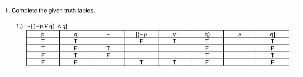 Complete the given truth tables.
1.) sim  (sim pvee q)wedge q]