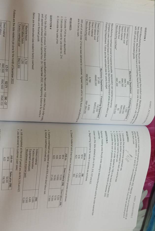 AA025_ACCOUNTING 
QUESTION 3 
AKFA Manufacturing uses the job order costing in caiculating the product cost. Manufacturing proosss in80% from cost 
with 500 units of comp 
AAI25_ACCOUNTBNG 3 
two department, Machinery Department and Finishing Department. Given are the data for Job Or 
Actual factory overhead involved for the mont of December 2022, RIAB 500. As the end of December 2022 
jobs are completed, Job CT -51 and SZ-11 are immediatrly solt in cash. Every onter ars sid at the pose o 
REQUIRED: 
Calculate the pre determine overhead rate 
li. Calculate the appilied overhead for each job and the total 
i. Calculate total cost for each job 
v. Calculate the over of under applied for YSB in the month of December 2027 
uring overhead consist of expense payableurance v. Calculate the cost of goods sold and sales for the month of December 2022 
Company uses overhead base on machine hours for Machinery Department while direct labour cost QUESTION 5 
Finishing Department. Follow are the estimated data for yearly budget 
customer. 
Rahman Holding uses the job order cotiting to determine the product cost for the order recerved from 
Given are the data related to job no M14, S18, H20 and A23. 
a. Beginning balance for works in proc

300 unit of Job Order Z14 has been delivered to customer. Agreed sales unit is 150% from manufacturing o 
are to be by cash. 
REQUIRED: 
n Direct matn 
i. Calculate POR for each department. 
ii. Calculate the cost for Job Order no. Z14. 
iii. Calculate the sales price. 
QUESTION 4 d. Actual oad involved are: 
c. Factory ct labour cost. 
YoYo Sdn Bhd (YSB) produce T-Shirt follow by specification by the customer. YSB uses the job order costin 
and applied overhead based on machine hour. On 1 December 2022, no beginning balance for works in 
process and finished goods. 
Below are the estimated data related to factory overhead: 
e. Job compb M14, S18 and A23
f. Job delivered to customer (cash saies) 
Follows are the data related to job done for the month of December 2022