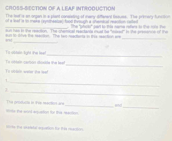 CROSS-SECTION OF A LEAF INTRODUCTION 
The leaf is an organ in a plant consisting of many different tissues. The primary function 
of a leaf is to make (synthesize) food through a chemical reaction called 
_. The "photo' part to this name refers to the role the 
sun has in the reaction. The chemical reactants must be "mixed" in the presence of the 
sun to drive the reaction. The two reactants in this reaction are_ 
and_ 
. 
_ 
To obtain light the leaf 
_ 
To obtain carbon dioxide the leaf 
To oblain water the leaf 
_ 
1 
2. 
_ 
_ 
The products in this reaction are_ and 
Write the word equation for this reaction. 
Write the skeletal equation for this reaction.
