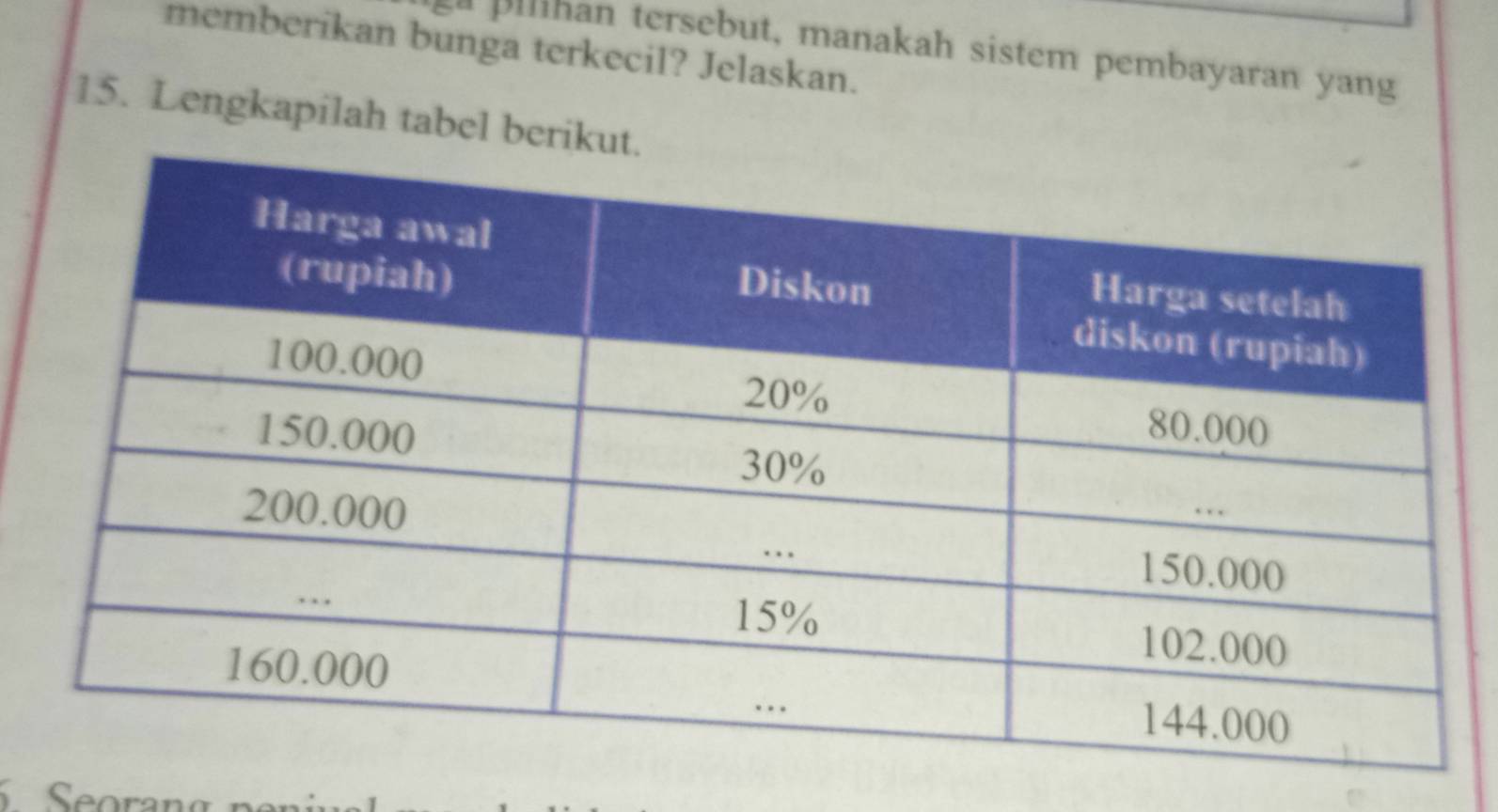 memberikan bunga terkecil? Jelaskan. a pilihan tersebut, manakah sistem pembayaran yang 
15. Lengkapilah tabel berikut