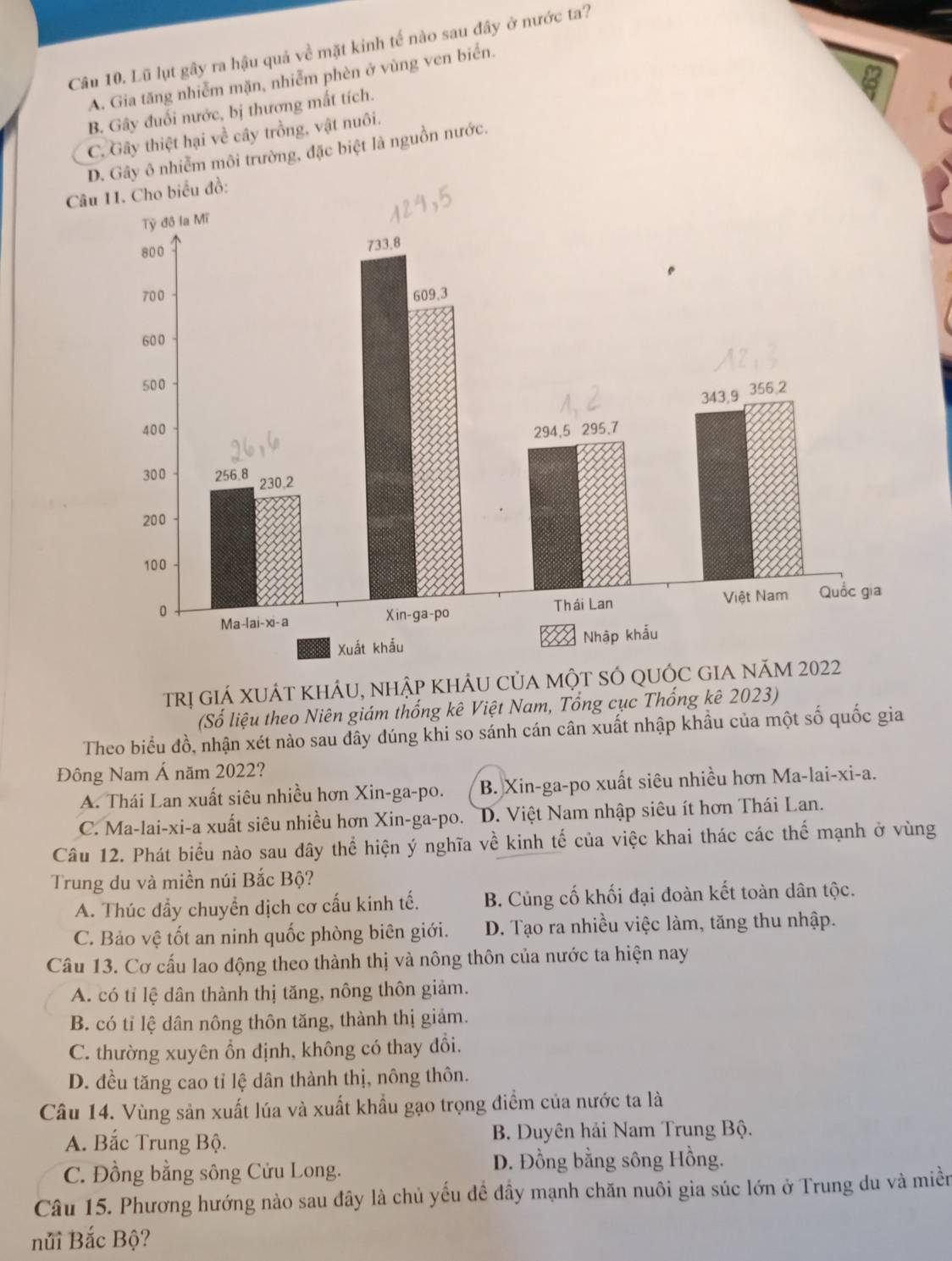 Lũ lụt gây ra hậu quả về mặt kinh tế nào sau đây ở nước ta?
A. Gia tăng nhiễm mặn, nhiễm phèn ở vùng ven biển.
B. Gây đuổi nước, bị thương mất tích.
C. Gây thiệt hại về cây trồng, vật nuôi.
D. Gây ô nhiễm môi trường, đặc biệt là nguồn nước.
Câu 11. Cho biểu đồ:
trị giá xuát khÁu, nhập khÂu của một sÓ quỐc gia n
(Số liệu theo Niên giám thống kê Việt Nam, Tổng cục Thống kê 2023)
Theo biểu đồ, nhận xét nào sau dây dúng khi so sánh cán cân xuất nhập khẩu của một số quốc gia
Đông Nam Á năm 2022?
A. Thái Lan xuất siêu nhiều hơn Xin-ga-po. B. Xin-ga-po xuất siêu nhiều hơn Ma-lai-xi-a.
C. Ma-lai-xi-a xuất siêu nhiều hơn Xin-ga-po. D. Việt Nam nhập siêu ít hơn Thái Lan.
Câu 12. Phát biểu nào sau dây thể hiện ý nghĩa về kinh tế của việc khai thác các thể mạnh ở vùng
Trung du và miền núi Bắc Bộ?
A. Thúc đẩy chuyển dịch cơ cấu kinh tế. B. Củng cố khối đại đoàn kết toàn dân tộc.
C. Bảo vệ tốt an ninh quốc phòng biên giới. D. Tạo ra nhiều việc làm, tăng thu nhập.
Câu 13. Cơ cấu lao động theo thành thị và nông thôn của nước ta hiện nay
A. có tỉ lệ dân thành thị tăng, nông thôn giảm.
B. có tỉ lệ dân nông thôn tăng, thành thị giảm.
C. thường xuyên ổn định, không có thay đổi.
D. đều tăng cao tỉ lệ dân thành thị, nông thôn.
Câu 14. Vùng sản xuất lúa và xuất khẩu gạo trọng điểm của nước ta là
A. Bắc Trung Bộ.  B. Duyên hải Nam Trung Bộ.
C. Đồng bằng sông Cửu Long.
D. Đồng bằng sông Hồng.
Câu 15. Phương hướng nào sau đây là chủ yếu đề đầy mạnh chăn nuôi gia súc lớn ở Trung du và miền
ni Bắc Bộ?
