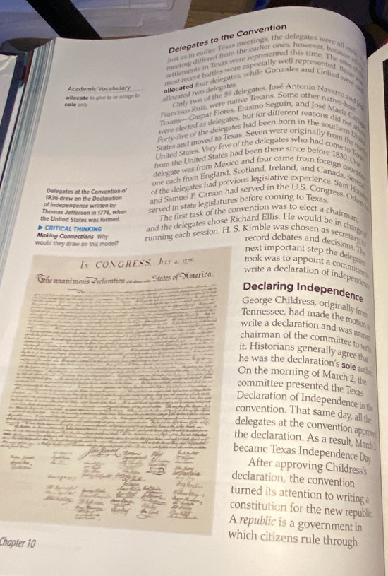 Delegates to the Convention
lust as in earlier Texas meetings, the delegates were all me
meeting differed from the earlier ones, however, becase i
settlements in Texas were represented this time. The sam a
most recent hattles were especially well represented. Bear w
Academic Vocabulary
allocated four delegates, while Gonzales and Goliad wer 
aflocated two delegates.
sole cnly allocate to give to or assign to Only two of the 59 delegates, José Antonio Navarro and 
Francisco Ruiz, were native Texans. Some other native-ber
Texans—Gaspar Flores, Erasmo Seguín, and José María Cara,
were elected as delegates, but for different reasons did not athes
Forty-five of the delegates had been born in the southern Unzy
States and moved to Texas. Seven were originally from the me
United States. Very few of the delegates who had come to Teo
from the United States had been there since before 1830. On
delegate was from Mexico and four came from foreign courn
one each from England, Scotland, Ireland, and Canada. Seve.
Delegates at the Convention of of the delegates had previous legislative experience. Sam How
1836 drew on the Declaration and Samuel P Carson had served in the U.S. Congress. Othe
of Independence written by
Thomas Jefferson in 1776, when served in state legislatures before coming to Texas
the United States was formed. The first task of the convention was to elect a chairman
 CRITICAL THINKING and the delegates chose Richard Ellis. He would be in cha 
Making Connections Why
would they draw on this model? running each session. H. S. Kimble was chosen as secretary
record debates and decisions T
next important step the delega 
Ix CONG RESS. Jey 4176  took was to appoint a committe 
Cole ananimous Peclaration  == States of America
write a declaration of independe
Declaring Independence
George Childress, originally from
Tennessee, had made the motion
write a declaration and was name
chairman of the committee to ws
it. Historians generally agree tha
he was the declaration’s sole auth 
On the morning of March 2, the
committee presented the Texs
Declaration of Independence to the
convention. That same day, all the
delegates at the convention approv
the declaration. As a result, Mar
became Texas Independence D
After approving Childress's
declaration, the convention
turned its attention to writing 
constitution for the new republic
A republic is a government in
which citizens rule through
Chapter 10