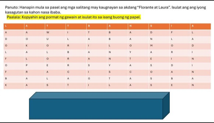 Panuto: Hanapin mula sa pasel ang mga salitang may kaugnayan sa akdang “Florante at Laura”. Isulat ang ang iyong 
kasagutan sa kahon nasa ibaba. 
Paalala: Kopyahin ang pormat ng gawain at isulat ito sa isang buong ng papel.