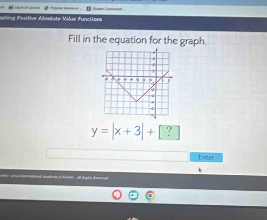 Log in to Carxes Poysical Scisnice A Sludent Dashboard 
aphing Positive Absolute Value Functions 
Fill in the equation for the graph.
y=|x+3|+ / ? 
Enter 
* 05 - 214 4 Anterma l Aandemy of Scimue. All Kiglots Rmorned.