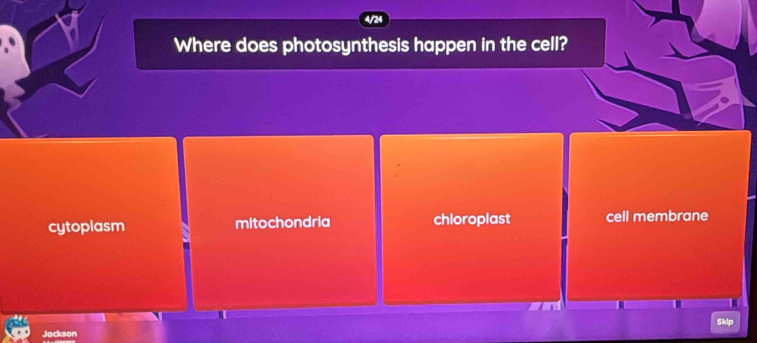 4/24
Where does photosynthesis happen in the cell?
cytoplasm mitochondria chloroplast cell membrane
5klp
Jackson