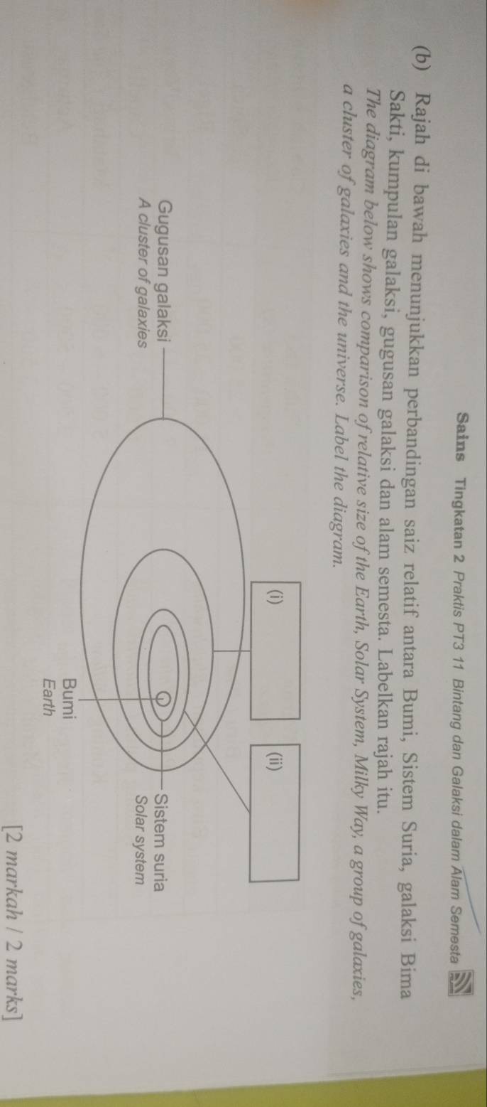 Sains Tingkatan 2 Praktis PT3 11 Bintang dan Galaksi dalam Alam Semesta 
(b) Rajah di bawah menunjukkan perbandingan saiz relatif antara Bumi, Sistem Suria, galaksi Bima 
Sakti, kumpulan galaksi, gugusan galaksi dan alam semesta. Labelkan rajah itu. 
The diagram below shows comparison of relative size of the Earth, Solar System, Milky Way, a group of galaxies, 
a cluster of galaxies and the universe. Label the diagram. 
[2 markah / 2 marks]