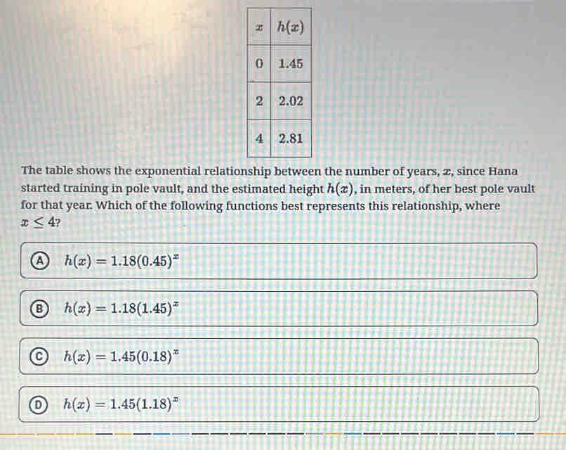 The table shows the exponential relatio the number of years, æ, since Hana
started training in pole vault, and the estimated height h(x) , in meters, of her best pole vault
for that year. Which of the following functions best represents this relationship, where
x≤ 4
a h(x)=1.18(0.45)^x
h(x)=1.18(1.45)^x
a h(x)=1.45(0.18)^x
h(x)=1.45(1.18)^x