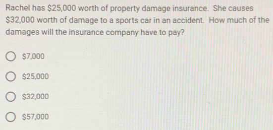 Rachel has $25,000 worth of property damage insurance. She causes
$32,000 worth of damage to a sports car in an accident. How much of the
damages will the insurance company have to pay?
$7,000
$25,000
$32,000
$57,000