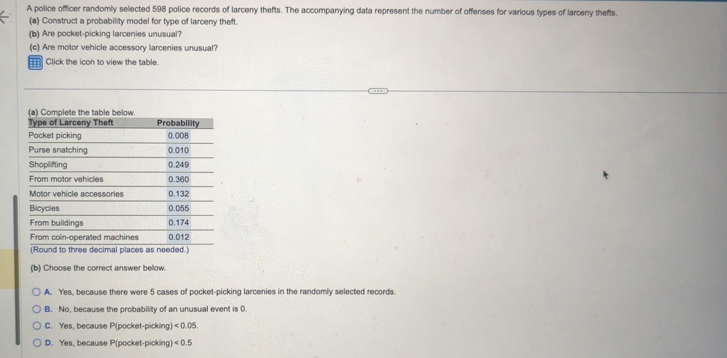 A police officer randomly selected 598 police records of larceny thefts. The accompanying data represent the number of offenses for various types of larceny thefts.
(a) Construct a probability model for type of larceny theft.
(b) Are pocket-picking larcenies unusual?
(c) Are motor vehicle accessory larcenies unusual?
Click the icon to view the table.
(b) Choose the correct answer below.
A. Yes, because there were 5 cases of pocket-picking larcenies in the randomly selected records.
B. No, because the probability of an unusual event is 0.
C. Yes, because P(pocket-picking) <0.05.
D. Yes, because P(pocket-picking) <0.5