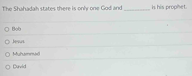 The Shahadah states there is only one God and _is his prophet.
Bob
Jesus
Muhammad
David