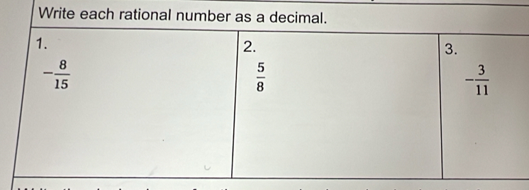 Write each rational number as a decimal.