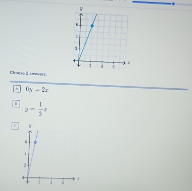 Choose 2 answers:
A 6y=2x
B y= 1/3 x
C