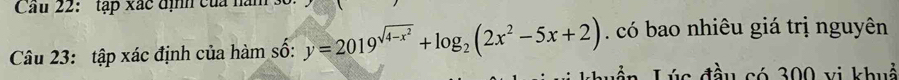 Cầu 22: tạp xác định của năm 
Câu 23: tập xác định của hàm số: y=2019^(sqrt(4-x^2))+log _2(2x^2-5x+2). có bao nhiêu giá trị nguyên 
Lúc đầu có 300 vi khuả