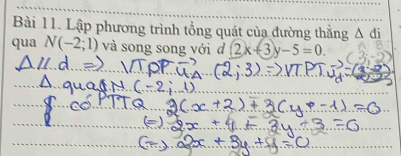 Lập phương trình tổng quát của đường thắng Δ đi 
qua N(-2;1) và song song với d (2x+3y-5=0.