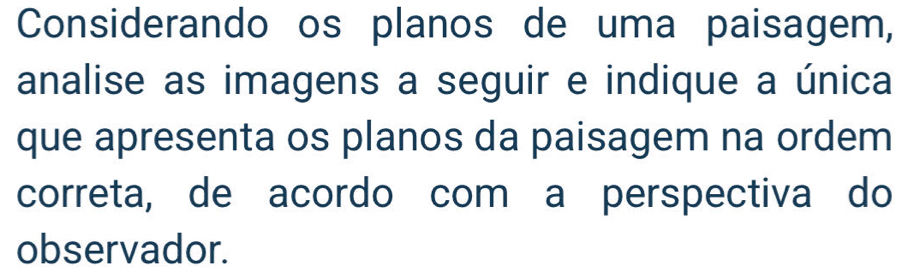 Considerando os planos de uma paisagem, 
analise as imagens a seguir e indique a única 
que apresenta os planos da paisagem na ordem 
correta,de acordo com a perspectiva do 
observador.