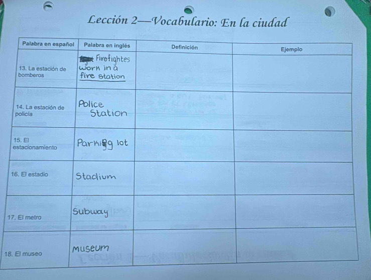 Lección 2—Vocabulario: En la ciudad 
1 
17 
18.