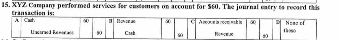 XYZ Company performed services for customers on account for $60. The journal entry to record this 
transaction is: