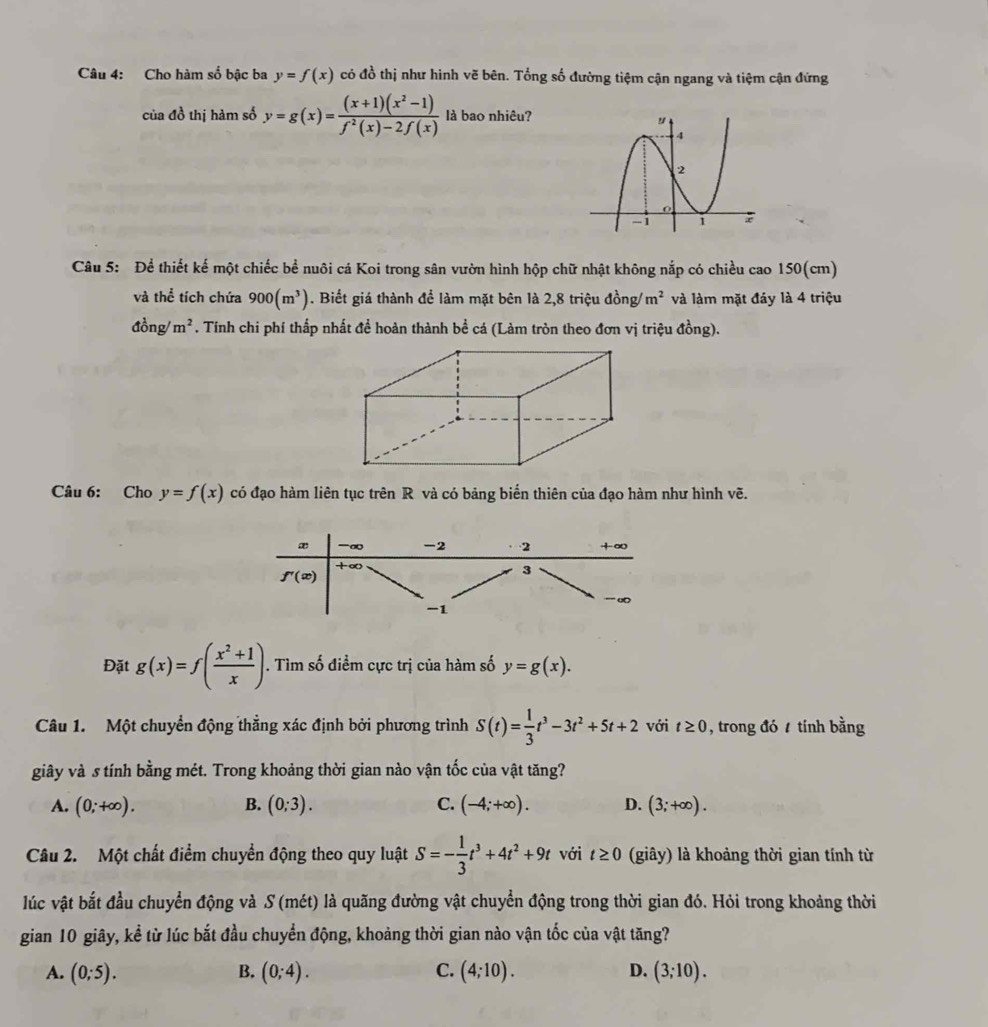 Cho hàm số bậc ba y=f(x) có đồ thị như hình vẽ bên. Tổng số đường tiệm cận ngang và tiệm cận đứng
ciado^1 thị hàm số y=g(x)= ((x+1)(x^2-1))/f^2(x)-2f(x)  là bao nhiêu?
Câu 5: Để thiết kế một chiếc bể nuôi cá Koi trong sân vườn hình hộp chữ nhật không nắp có chiều cao 150(cm)
và thể tích chứa 900(m^3). Biết giá thành để làm mặt bên là 2,8 triệu dong/m^2 và làm mặt đảy là 4 triệu
đồng/ m^2. Tính chi phí thấp nhất để hoàn thành bể cá (Làm tròn theo đơn vị triệu đồng).
Câu 6: Cho y=f(x) có đạo hàm liên tục trên R và có bảng biến thiên của đạo hàm như hình vẽ.
Đặt g(x)=f( (x^2+1)/x ). Tìm số điểm cực trị của hàm số y=g(x).
Câu 1. Một chuyển động thẳng xác định bởi phương trình S(t)= 1/3 t^3-3t^2+5t+2 với t≥ 0 , trong đó  tính bằng
giây và s tính bằng mét. Trong khoảng thời gian nào vận tốc của vật tăng?
A. (0;+∈fty ). B. (0;3). C. (-4;+∈fty ). D. (3;+∈fty ).
Câu 2. Một chất điểm chuyển động theo quy luật S=- 1/3 t^3+4t^2+9t với t≥ 0 (giây) là khoảng thời gian tính từ
lúc vật bắt đầu chuyển động và S (mét) là quãng đường vật chuyển động trong thời gian đó. Hỏi trong khoảng thời
gian 10 giây, kể từ lúc bắt đầu chuyển động, khoảng thời gian nào vận tốc của vật tăng?
A. (0;5). B. (0;4). C. (4;10). D. (3;10).
