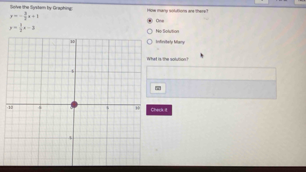 Solve the System by Graphing: How many solutions are there?
y=- 3/2 x+1
One
y= 1/2 x-3 No Solution
Infinitely Many
t is the solution?
-eck it