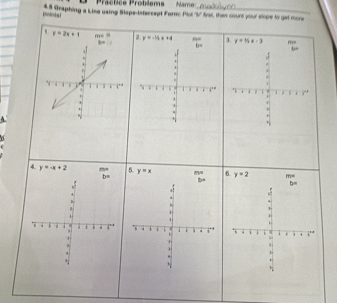 Präctice Problems  Name:
45 Graphing a Line using Slape-intercept Form: Pist "b" first, then count your slope to get more
pointal
1 y=2x+1 m=□ y=-1/2x+4 m= 3 y=1/4x-3 111°
b=.
.
.
6 3 0 4 
1
A
4、 y=-x+2 m= 5. y=x m= 6. y=2 m=
b=