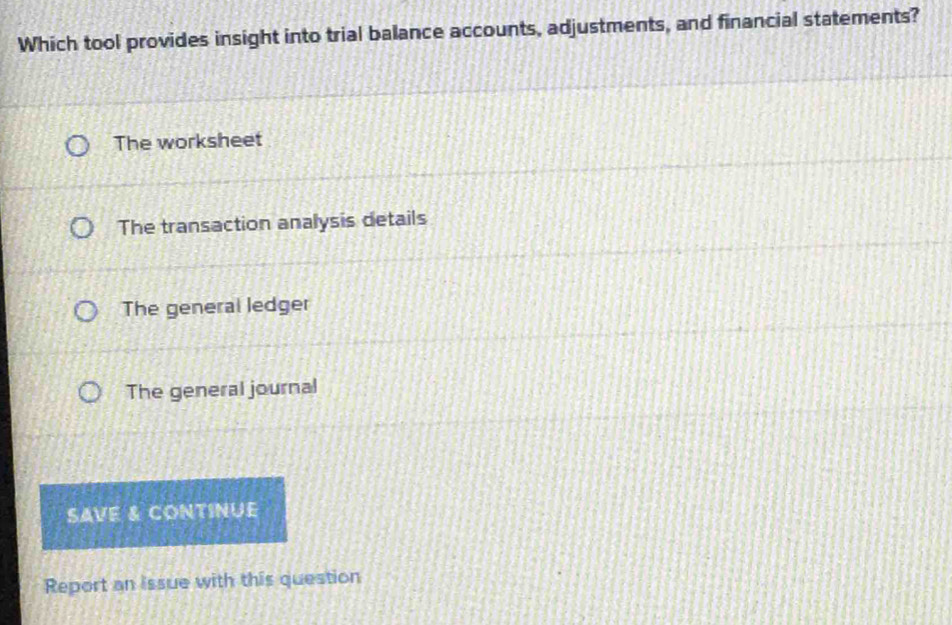 Which tool provides insight into trial balance accounts, adjustments, and financial statements?
The worksheet
The transaction analysis details
The general ledger
The general journal
SAVE & CONTINUE
Report an issue with this question