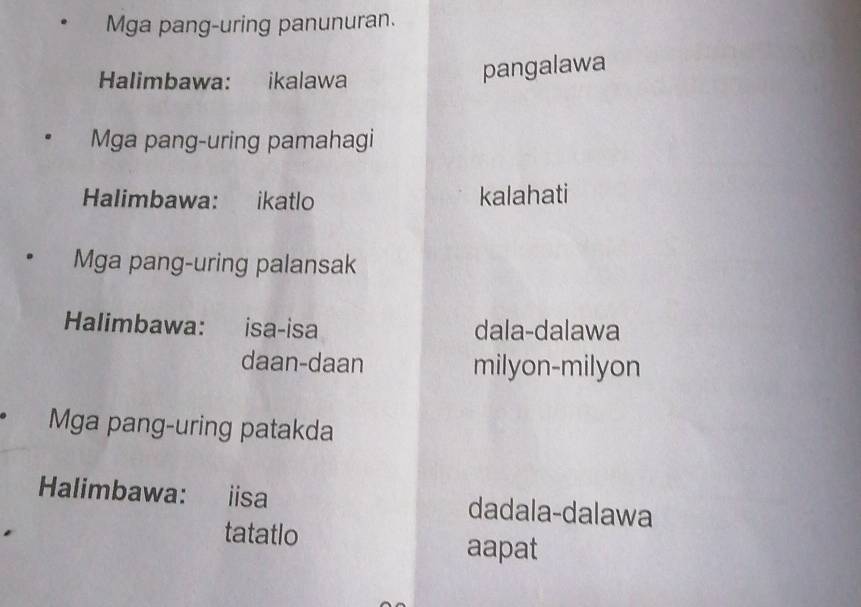 Solved: Mga pang-uring panunuran. Halimbawa: ikalawa pangalawa Mga pang ...