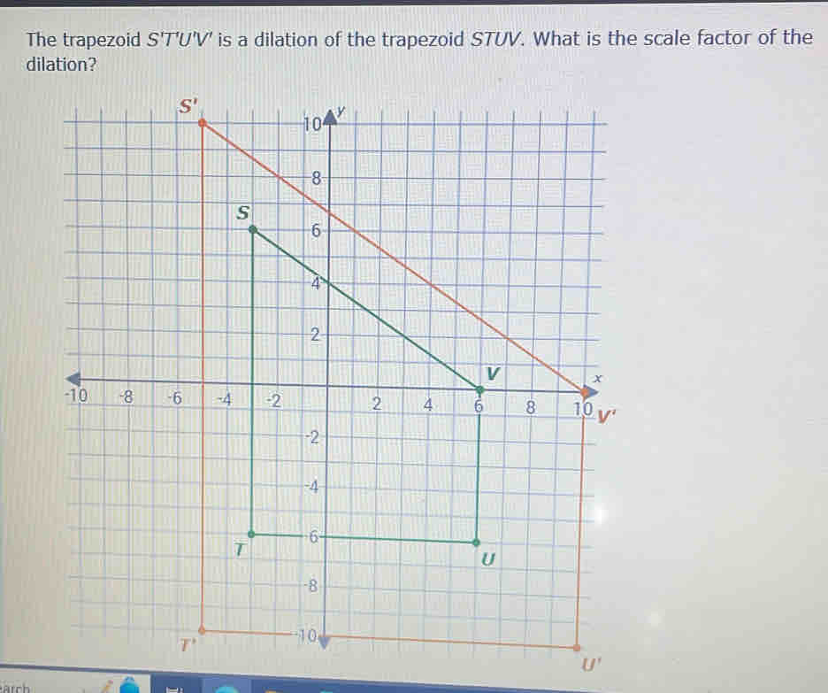 The trapezoid S7 T'U'V' is a dilation of the trapezoid STUV. What is the scale factor of the
dilation?
U'