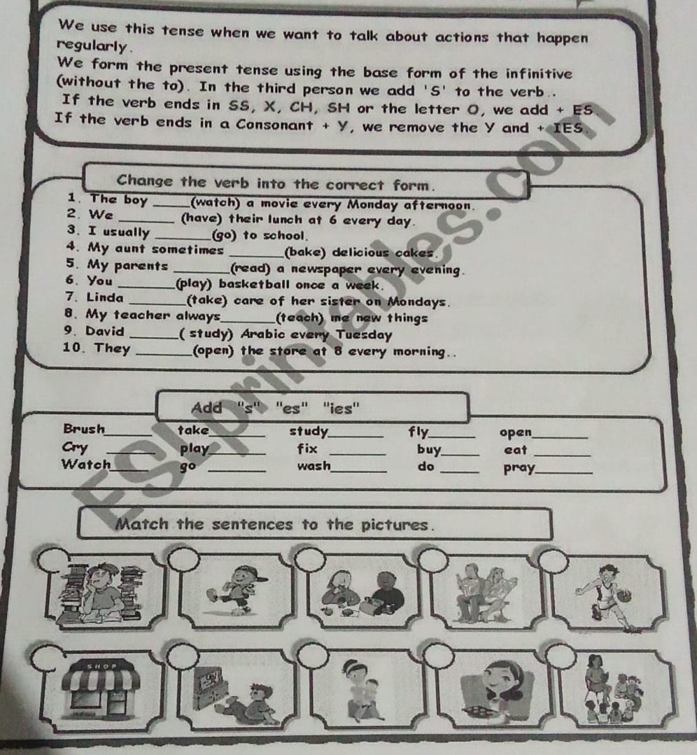 We use this tense when we want to talk about actions that happen 
regularly . 
We form the present tense using the base form of the infinitive 
(without the to). In the third person we add 'S' to the verb.. 
If the verb ends in SS, X, CH, SH or the letter O, we add + ES 
If the verb ends in a Consonant + Y, we remove the Y and + IES 
Change the verb into the correct form. 
1. The boy _(watch) a movie every Monday afternoon. 
2. We _(have) their lunch at 6 every day. 
3. I usually _(go) to school. 
4. My aunt sometimes _(bake) delicious cakes. 
5. My parents _(read) a newspaper every evening. 
6. You _(play) basketball once a week. 
7.Linda _(take) care of her sister on Mondays. 
8. My teacher always_ (teach) me new things 
9. David _( study) Arabic every Tuesday 
10. They _(open) the store at 8 every morning.. 
Add ''s'' ''es'' ''ies'' 
Brush_ take_ study_ fly_ open_ 
Cry _play_ fix _buy_ eat_ 
Watch_ g° _wash_ do _pray_