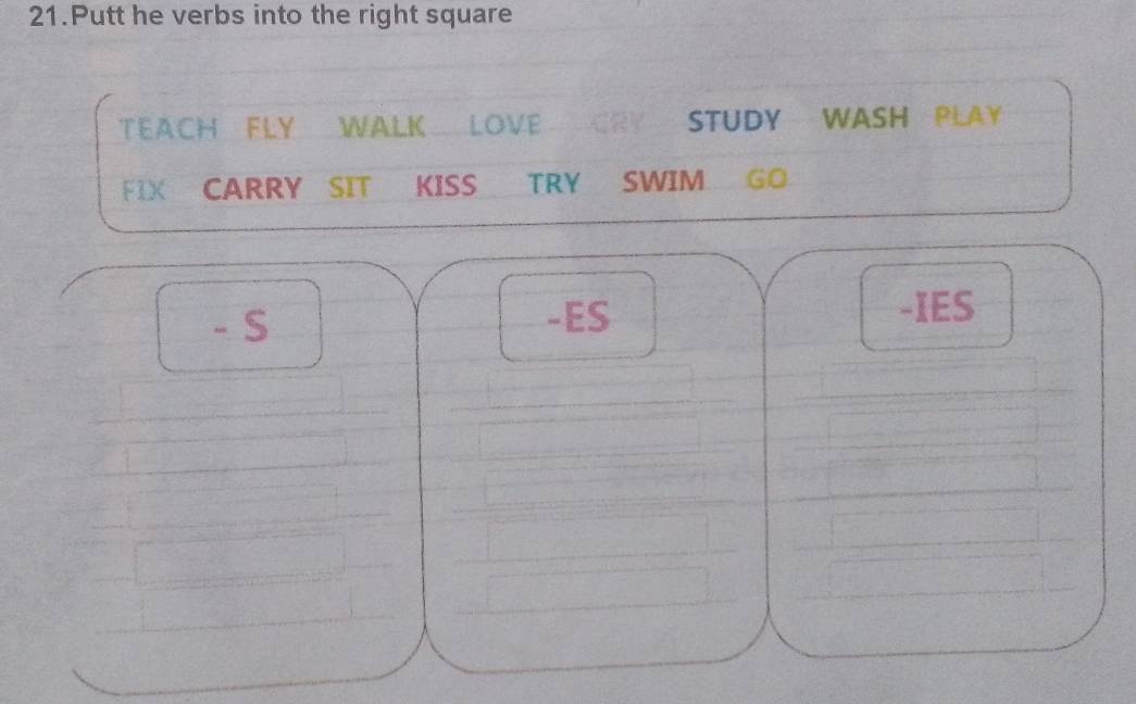 Putt he verbs into the right square 
TEACH FLY WALK LOVE STUDY WASH PLAY 
FIX CARRY SIT KISS TRY SWIM GO 
- S -ES -IES