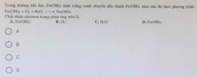 Trong không khí ẩm, Fe(OH) 2 màu trắng xanh chuyến dẫn thành Fe(OH) 6 màu nâu đồ theo phương trình:
Fe(OH)_2+O_2+H_2Oto Fe(OH)_3
Chất nhận electron trong phản ứng trên là
A. Fe(OH)_2 B. O_2. C. H_2O D. Fe(OH)_3
A
B
C
D