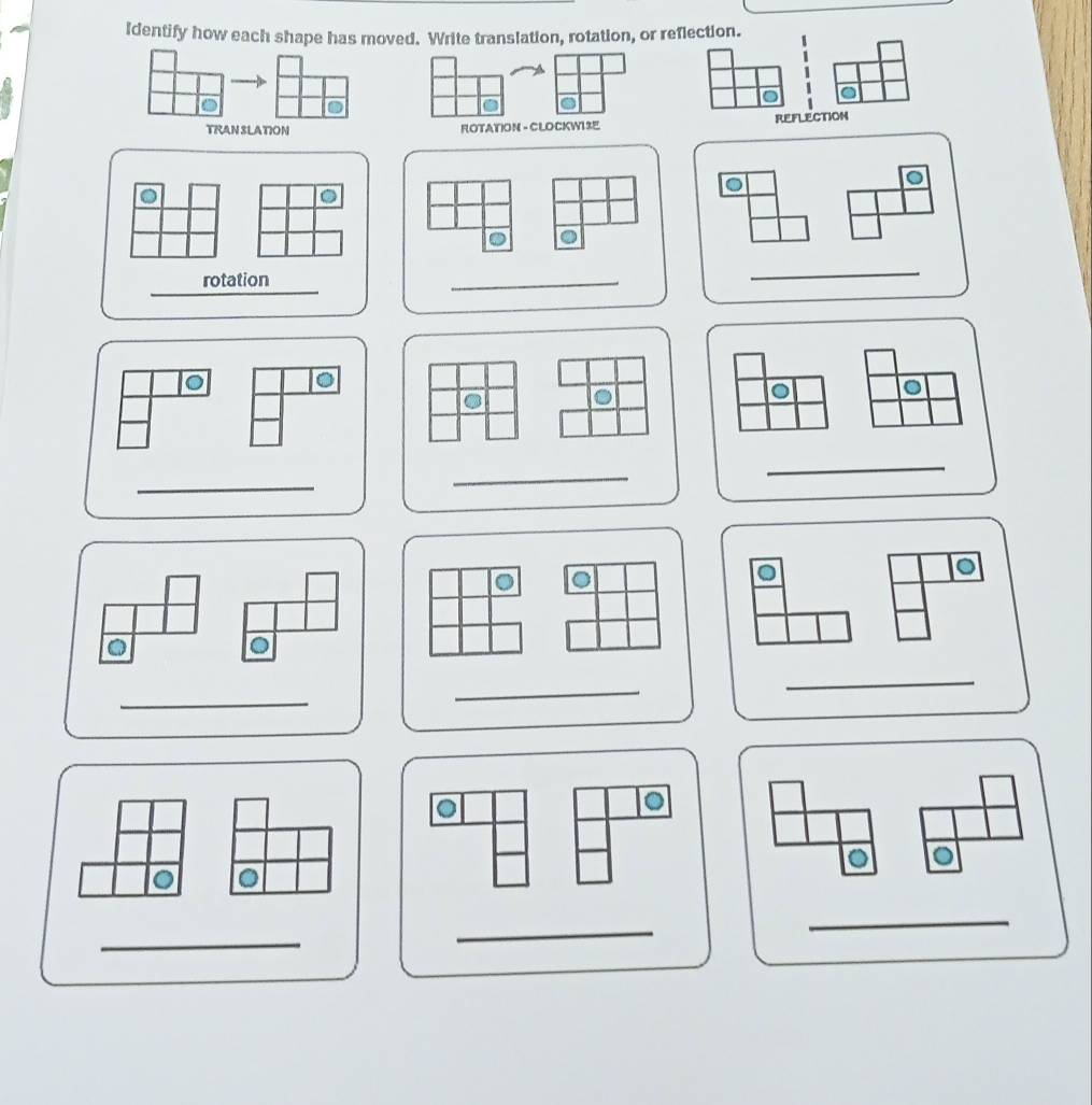 Identify how each shape has moved. Write translation, rotation, or reflection. 
ROTATION - CLOCKWI 3E REFLECTION 
. 
_ 
rotation 
_ 
_ 
。 
. 
_ 
_ 
_ 
_ 
_ 
_ 
_ 
_ 
_