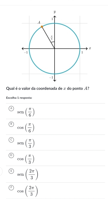 Qual é o valor da coordenada de x do ponto A?
Escolha 1 resposta:
sen ( π /6 )
cos ( π /6 )
sen ( π /3 )
cos ( π /3 )
E sen ( 2π /3 )
cos ( 2π /3 )