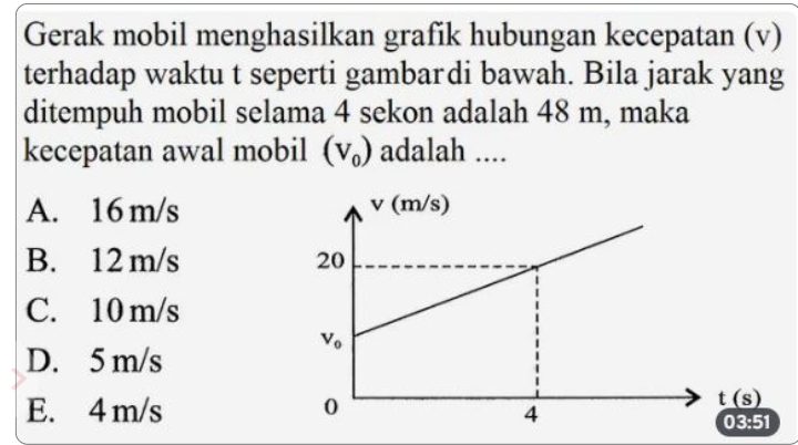 Gerak mobil menghasilkan grafik hubungan kecepatan (v)
terhadap waktu t seperti gambardi bawah. Bila jarak yang
ditempuh mobil selama 4 sekon adalah 48 m, maka
kecepatan awal mobil (V_0) adalah ....
A. 16 m/s
B. 12 m/s
C. 10 m/s
D. 5 m/s
E. 4m/s